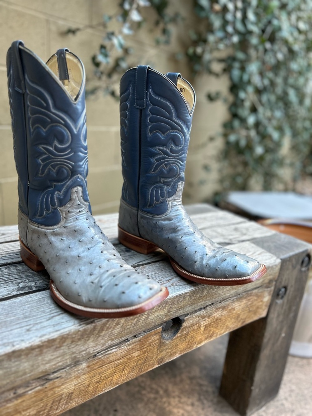 Handmade Gray Ostrich & Blue Square Toe Cowboy Boots Size 10D - Picture 13 of 15